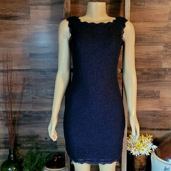 Adrianna Papell Floral Lace Sheath Dress Sz 4 Navy Ethereal Coquette Feminine - Picture 1 of 10
